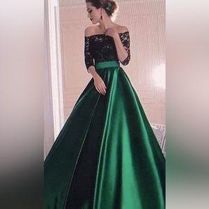 A Line Satin & Lace Prom Dress with Sweep Train